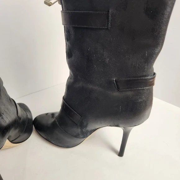Jimmy Choo Women's Distressed Front Zip Black Leather Boots Size 37.5 (6.5-7) - Picture 8 of 14
